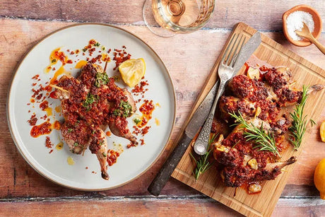 Roast spatchcock partridge, n’duja, lemon and herb crumbs