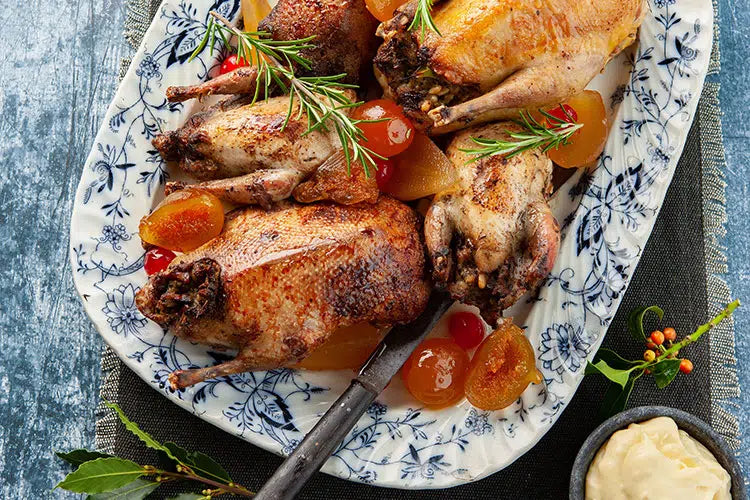 Roasted Game Birds with mustard fruits, pancetta and porcini stuffing
